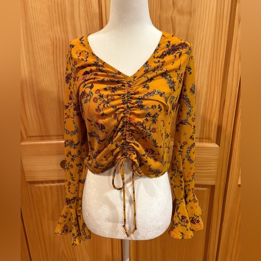 Gypsies and Moondust Mustard Floral Ruched Blouse with Flare Sleeves